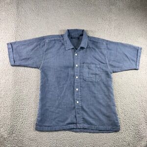 Raw‎ Edge Button Up Shirt Men L Blue Short Sleeve Rayon Blend Dad Work Coastal